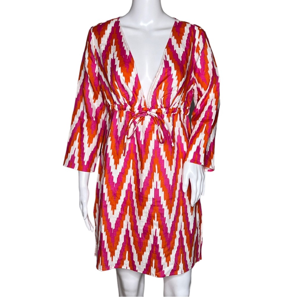 Talbots Linen Swim Cover‎ Up Pink Orange White Chevron Print Deep V-Neck